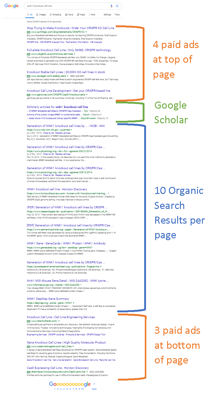 Google search results page showing the layout of ads, scholar, and organic placement